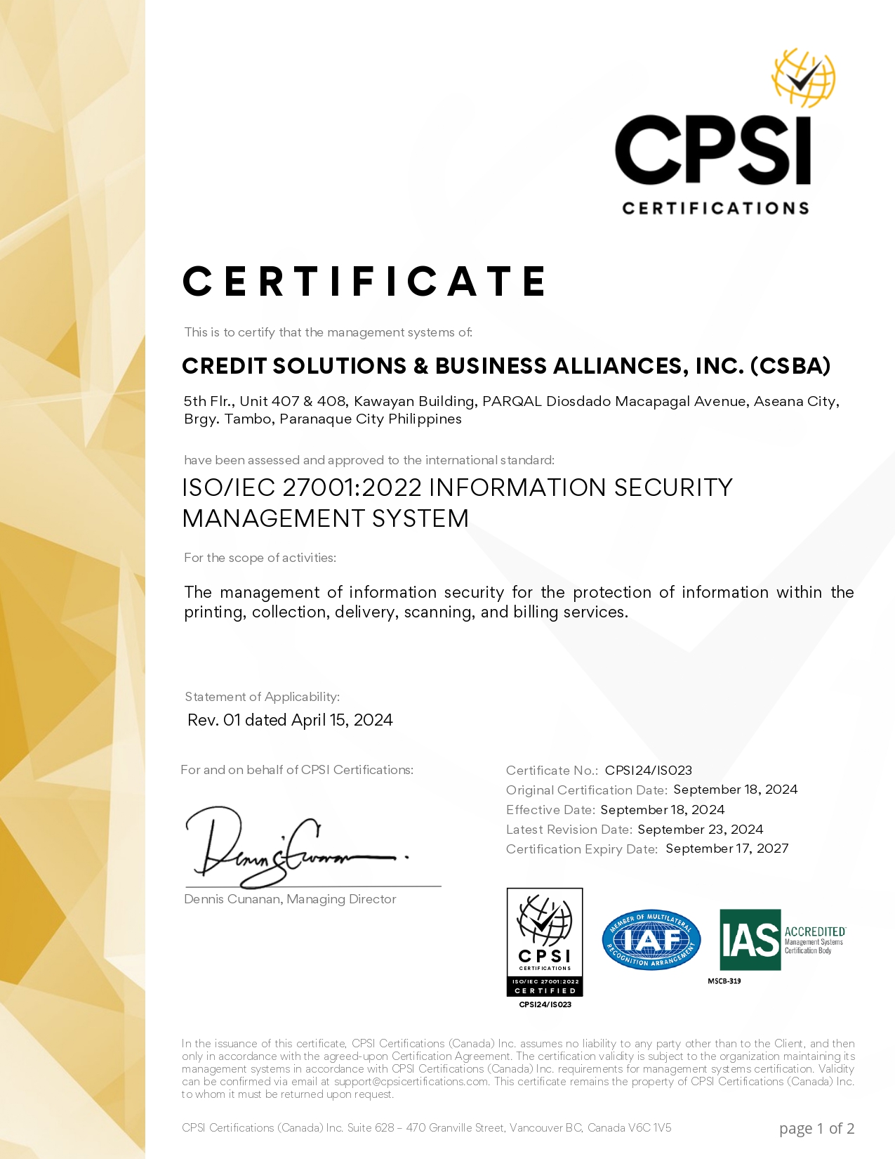 ISO/IEC 27001 Certificate